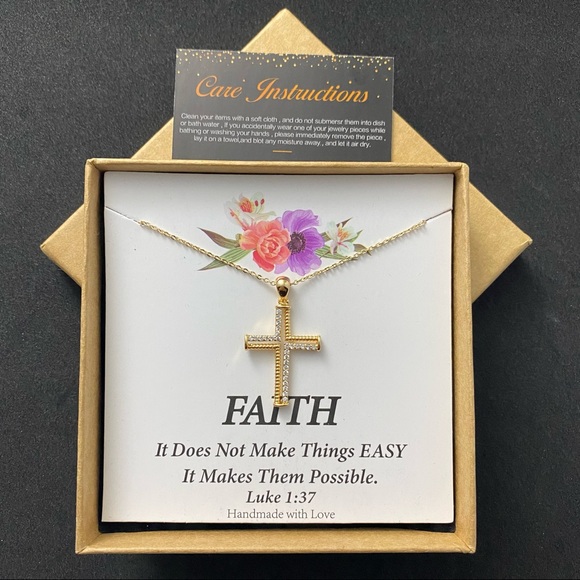 “Faith” handmade gold-toned cross w/rhinestone details and adjustable necklace - Picture 3 of 5
